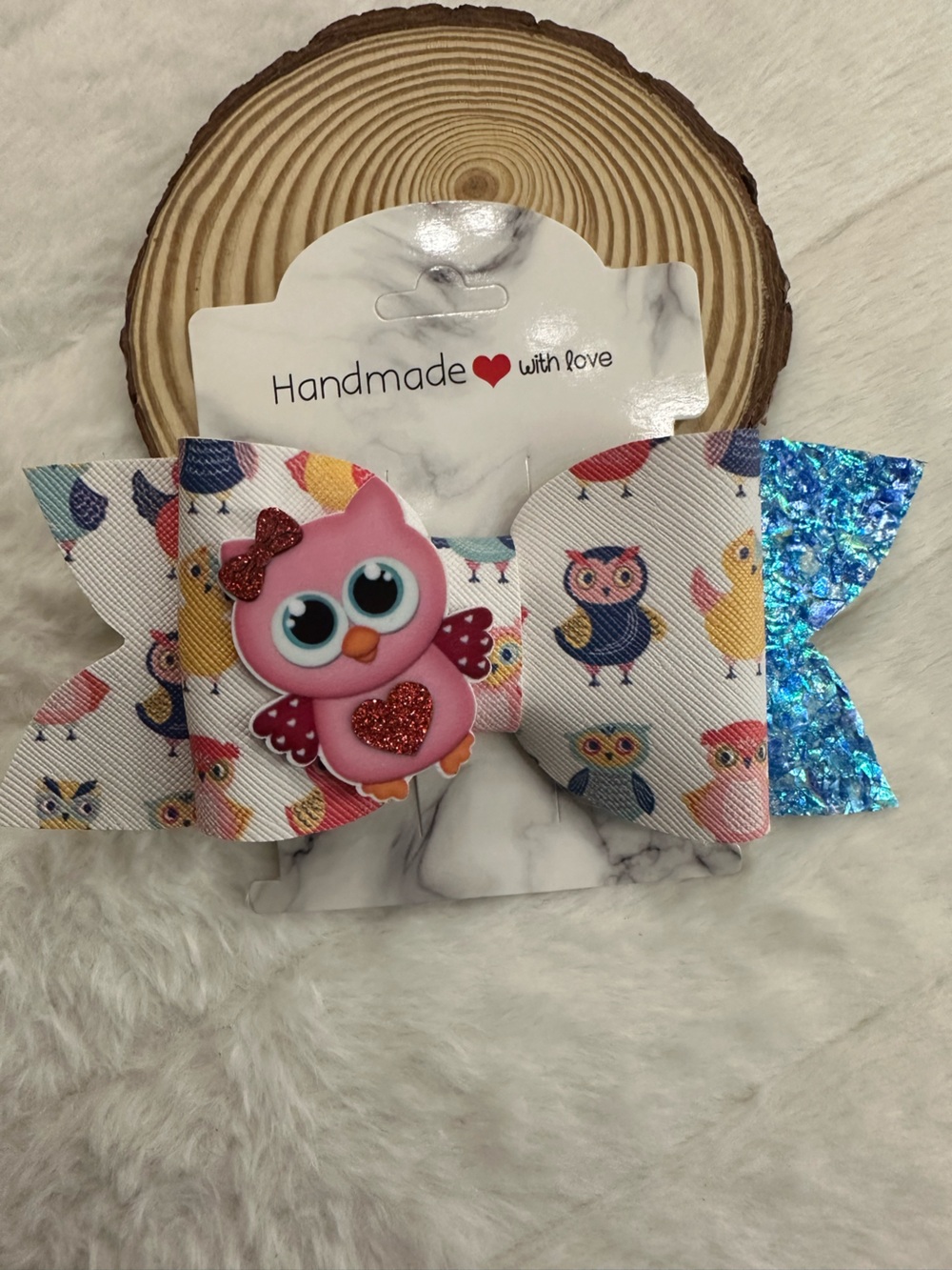 Handmade Kids Owl Hair Bow - Pink & Blue